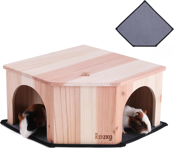 Wooden Guinea Pig Corner Hideout - Hidey for Chinchilla, Rat and Hedgehog with Pee Pad, Fully Assembled & Dual Entrances - Guinea Pig Accessories by the Kozko Hut1