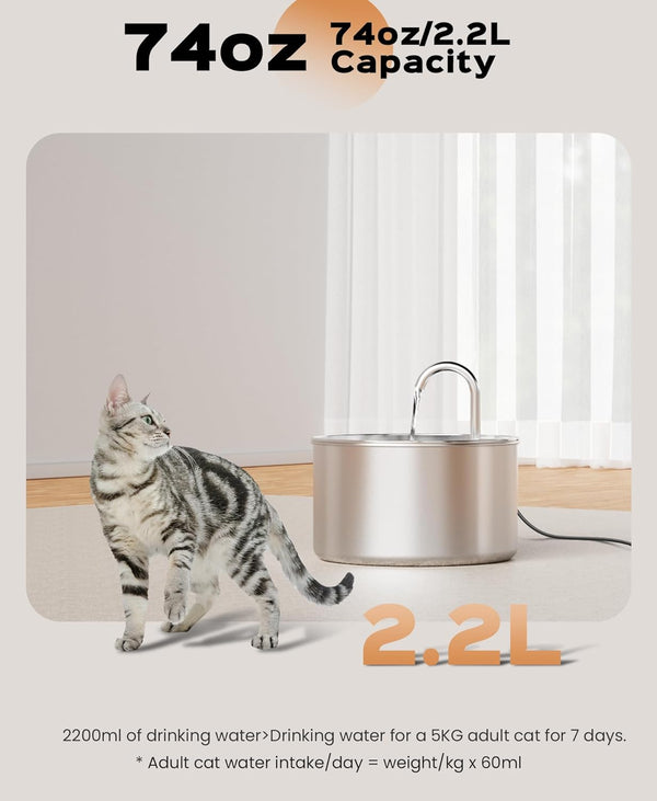 Cat Water Fountain Stainless Steel + 8 Filters + 8 Sponges - Pet Water Fountains Faucet Metal Automatic Cat/Dog Waterer Bowls Pets Watering Running Bottle Water Dispenser for Drinking Ultra Quiet Pump7