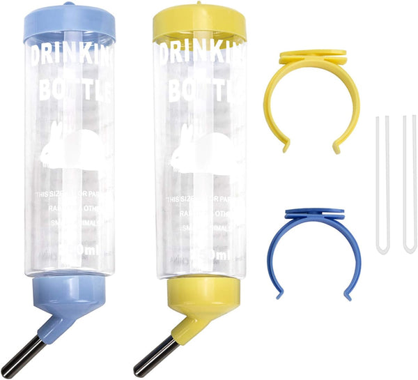 2PCS 8.45 Oz No Drip Small Animal Water Bottle, Cage Water Bottles for Small Pet/Bunny/Ferret/Hamster/Guinea Pig/Rabbit | Plastic, for Small Pet/Guinea Pig/Hamster/Bunny/Ferret/Rabbit, Hanging Wire & Buckle Included, Easy to Install, Yellow & Blue1