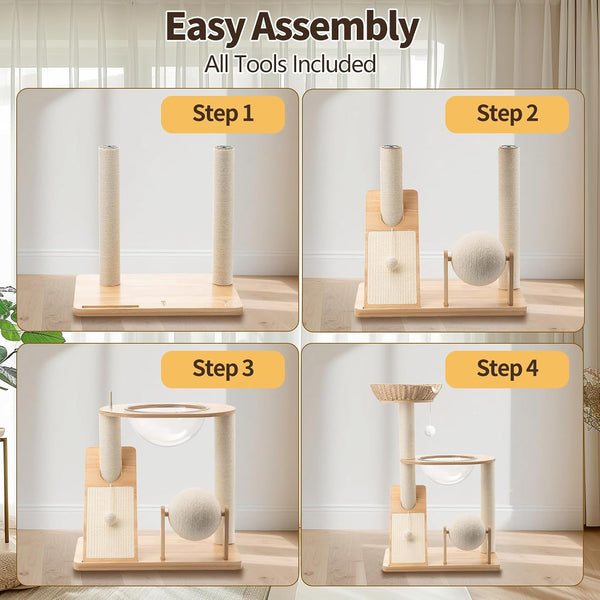 Modern Wooden Cat Tree for Indoor Cats, Furniture Style Cat Tower with Handwoven Basket and Soft Cushion, Acrylic Space Capsule, Sisal Scratching Posts & Interactive Play Ball, 38" Cat Condo7