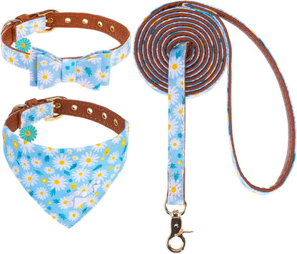 EXPAWLORER Puppy Collar and Leash Set - Embroidery Pawprints Plaid Dog Collar and Dog Leash Set, Bow Tie and Bandana Dog Collar with Bell, Cute Collar and Leash for Dogs Cats Outdoor Walking, Blue S16