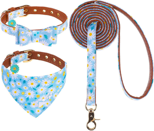 EXPAWLORER Puppy Collar and Leash Set - Embroidery Pawprints Plaid Dog Collar and Dog Leash Set, Bow Tie and Bandana Dog Collar with Bell, Cute Collar and Leash for Dogs Cats Outdoor Walking, Blue S16