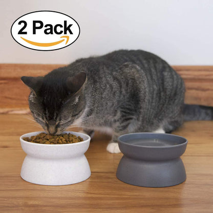 Kitty City Elevated Cat Bowls (Set of 2), Whisker-Friendly Raised Cat Food & Water Dishes, Modern Pedestal Design, Dishwasher Safe, 6.5 Oz Each – White & Gray6