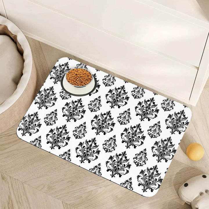 Vintage Damask Flower Dog Cat Food Mat,White Black Floral Absorbent Pet Feeding Mat for Food and Water,Non-Slip Dog Bowl Mats Floor Protector 12"X20"