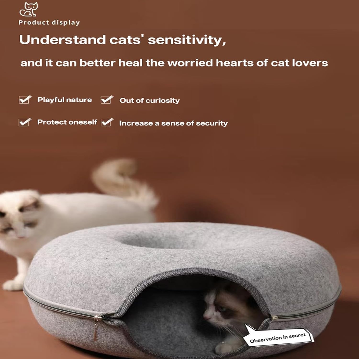 cat-donut-tunnel-bed-for-indoor-cats-peekaboo-cat-cave-detachable-felt-washable-interactive-play-cozy-rest-space-for-multiple-cats-dark-gray