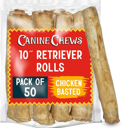 Canine Chews 10-11" Rawhide Bones for Large Dogs, Durable USA Beefhide Dog Rawhide Chews, Retriever Rolls 20 Pack (5 Lbs)13
