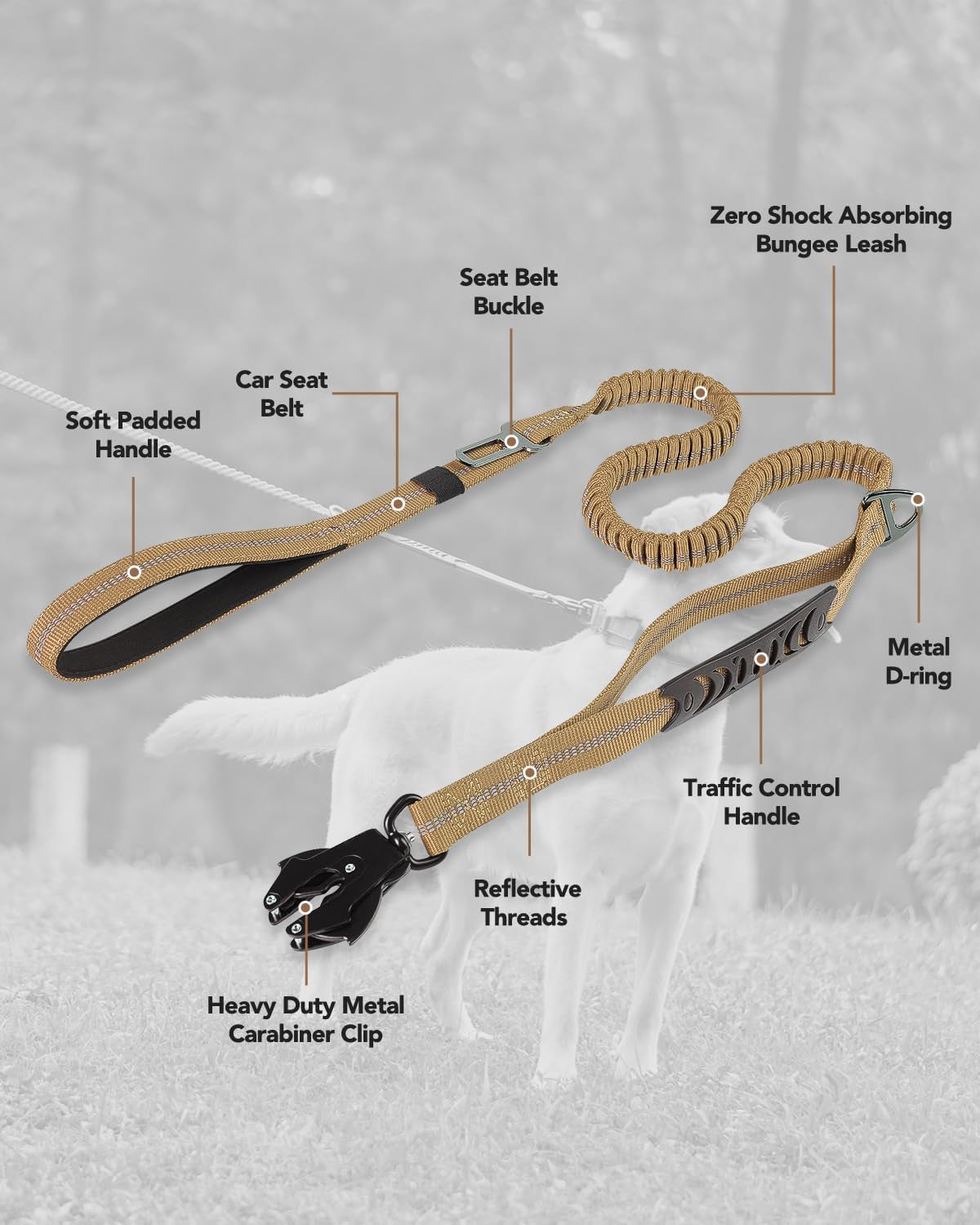 joytale-tactical-bungee-dog-leash-shock-absorbing-no-pull-coyote-brown-for-large-dogs-that-pull-2-padded-handles-for-control-car-seatbelt-clip-reflective-for-night-safety-metal-frog-clip