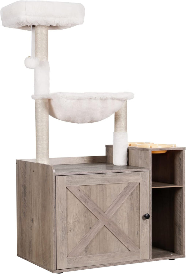 Hey-Brother Cat Tree Tower, Food Station, XL Litter Box Enclosure, MPJ101SG | 48.81 Inches Wooden All-In-One Cat Furniture, Large Hammock, Bed, Scratching Posts, Big Basket for Indoor Cats, Rustic Gray1