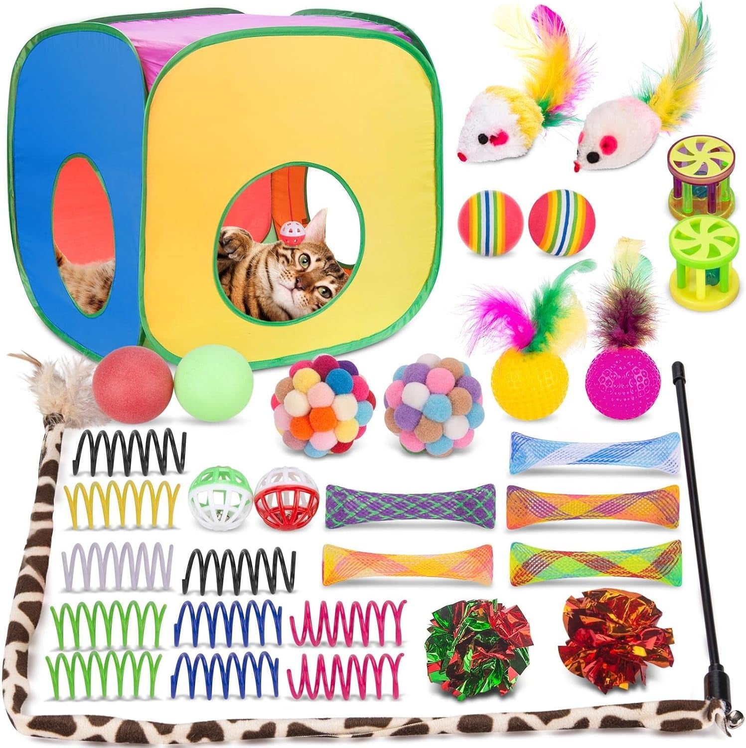 retro-shaw-33-pack-cat-toys-for-indoor-cats-collapsible-kitty-tunnel-tent-with-feather-teaser-wand-springs-balls-bell-mouse-interactive-kitten-hideaway-playhouse-15-7-inches