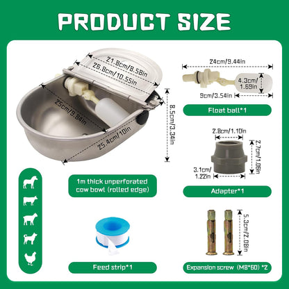 Automatic Dog Water Feeder 3L Stainless Steel Bowl for Chicken Cattle Sheep | with Float Valve Auto Fill Water Wall Mounted Livestock Waterer Rust Proof Keep Water Fresh Easy to Clean & Install for Goat6