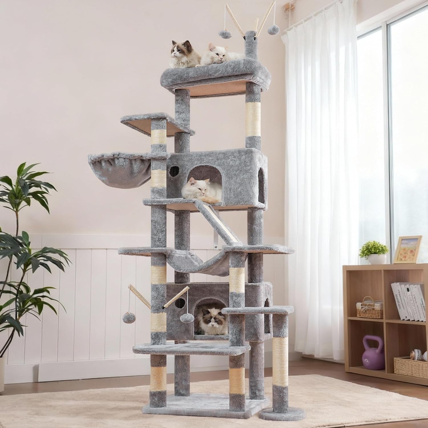 hey-brother-cat-tree-tower-with-sturdy-supporting-posts-2-condos-mpj082w-82-7-inches-multi-level-cat-tower-with-5-teaser-toys-sisal-scratching-posts-large-bed-hammock-for-indoor-cats-light-gray
