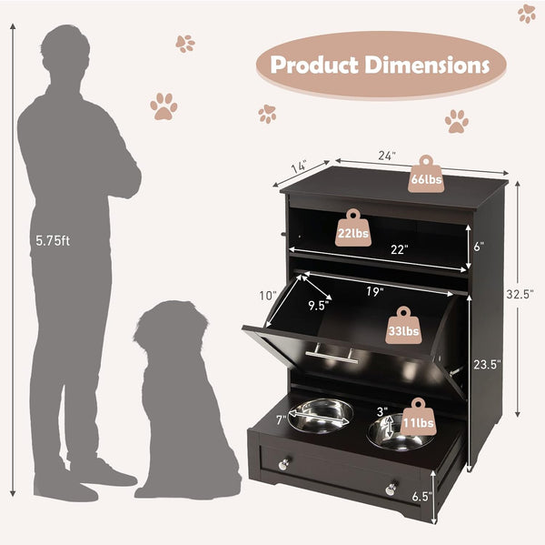 Dog Food Cabinet Feeding Station with 2 Raised Bowls, Pull Out Elevated Dog Bowl, Storage, 3 Hangers, Pet Feeder Toy Leashes Organizer, Brown7