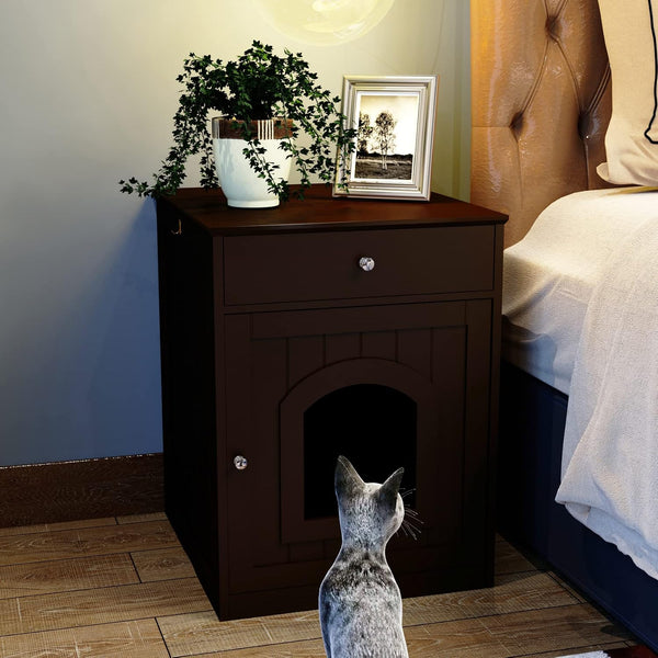 Espresso Wooden Cat Litter Box Enclosure with Drawers - Stylish Nightstand & Side Table3