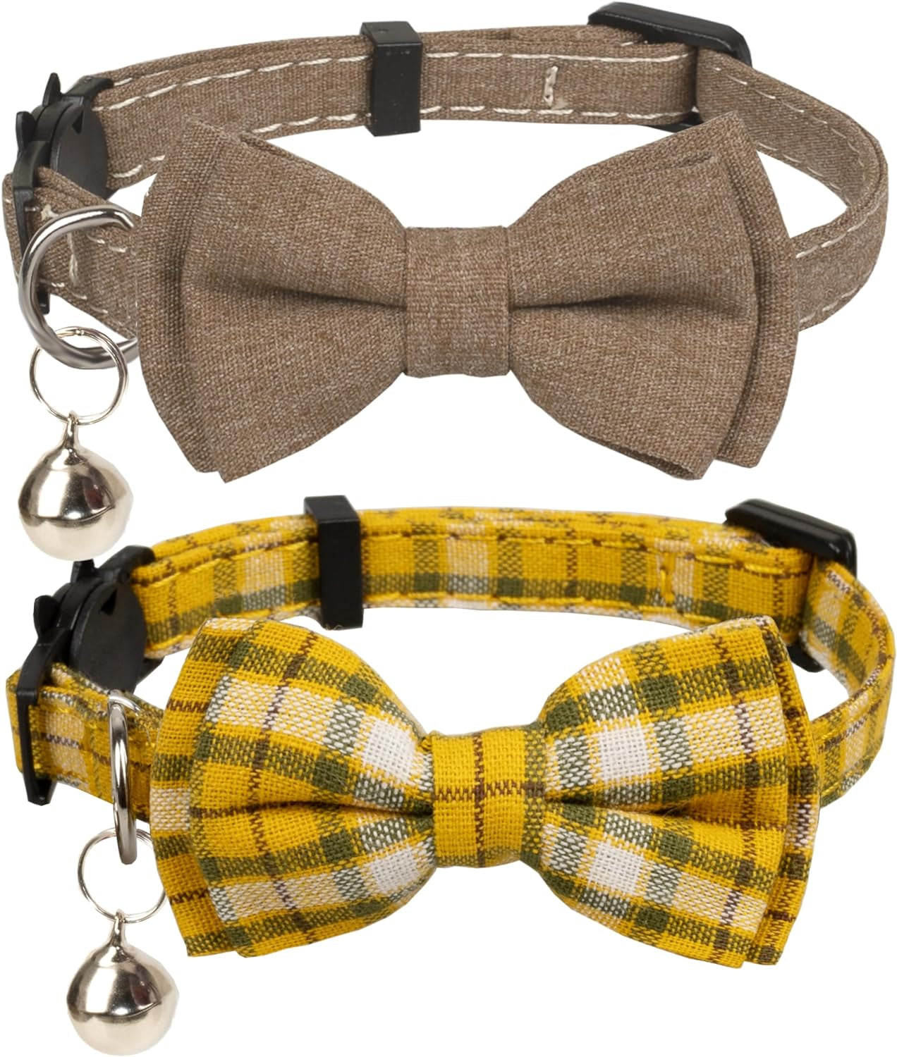 cat-collar-breakaway-bowtie-safety-with-bell-adjustbale-kitten-puppy-solid-plaid-color-set-d-2pcs-pink-2