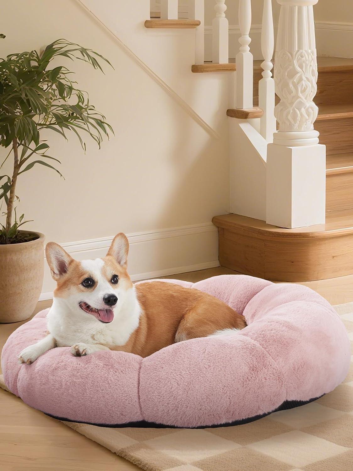 ohgeni-31-inches-calming-donut-orthopedic-dog-cat-bed-for-medium-pets-warming-comfort-fluffy-short-pile-fur-durable-waterproof-machine-washable-removable-cover-cute-round-bed-for-puppy-camel