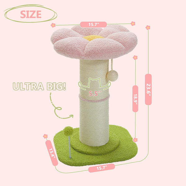 PEQULTI Flower Cat Scratching Post, Super Thick 5.5In Sisal Post, Pink | Small Cat & Kitten Scratcher: Removable Flower Bed, Sisal + Spring Ball, Enlarged Double Base; Cute Pink Flower Cat Tree5
