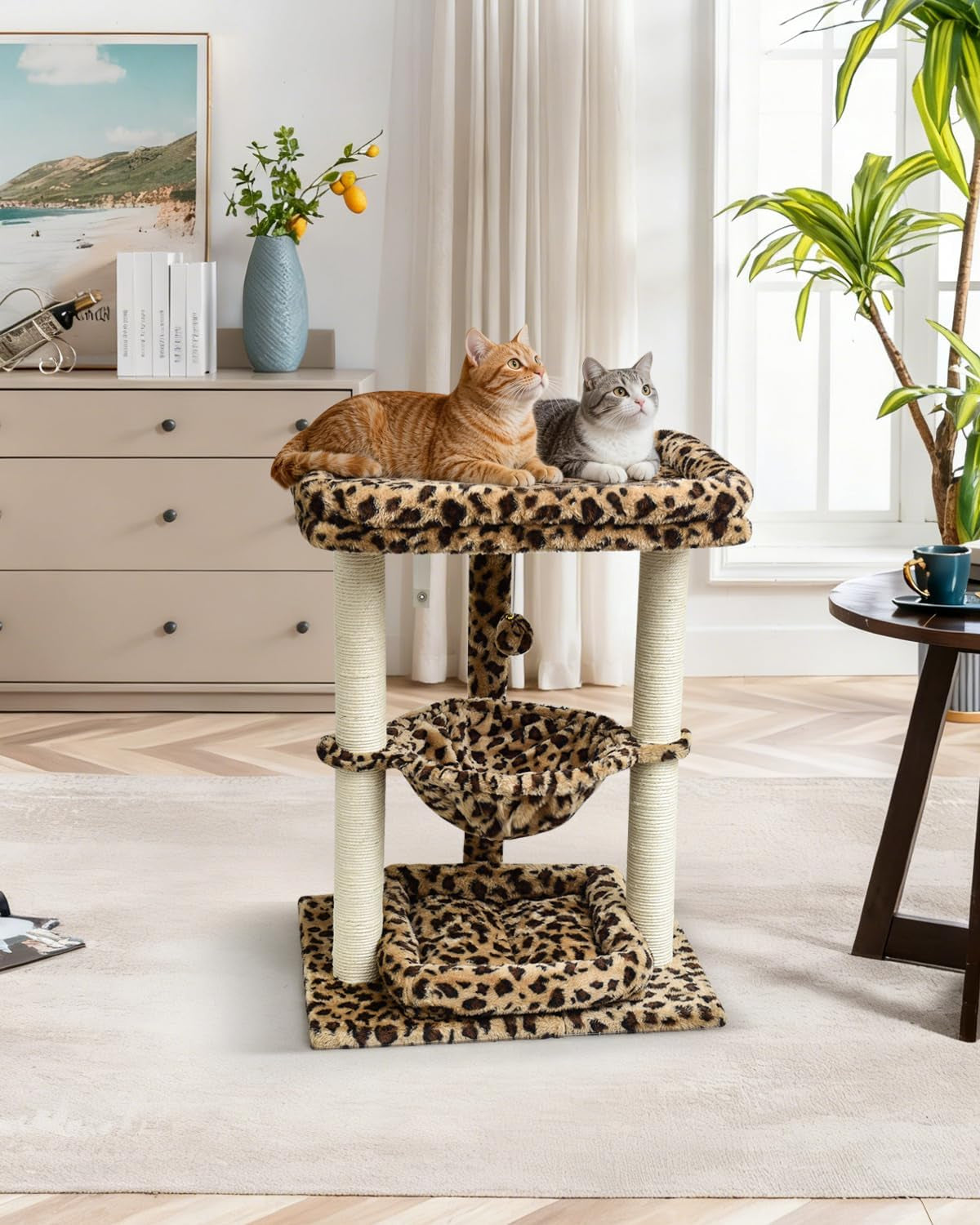 syandlvy-leopard-print-small-cat-tree-with-top-perch-hammock-bottom-bed-3-level-natural-sisal-scratching-post-tower-with-hanging-bell-ball-and-anti-tip-strap-stable-indoor-cat-furniture