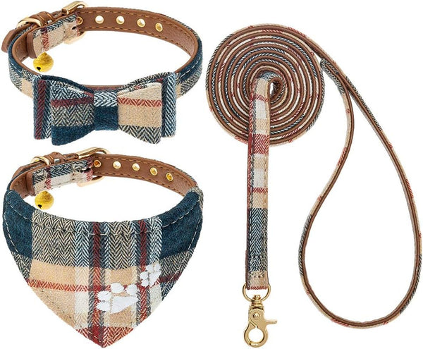 EXPAWLORER Puppy Collar and Leash Set - Embroidery Pawprints Plaid Dog Collar and Dog Leash Set, Bow Tie and Bandana Dog Collar with Bell, Cute Collar and Leash for Dogs Cats Outdoor Walking, Blue S26