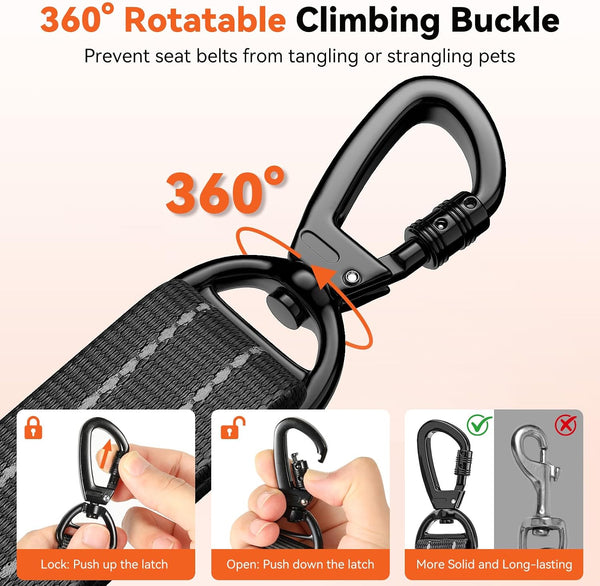 2Pcs Dog Seat Belt, Dog Car Seat Belt Bungee for Pet, Black | Buckle & Hook Latch, Adjustable Reflective Pet Vehicle Tether, 360° Swivel Lock Clasp3