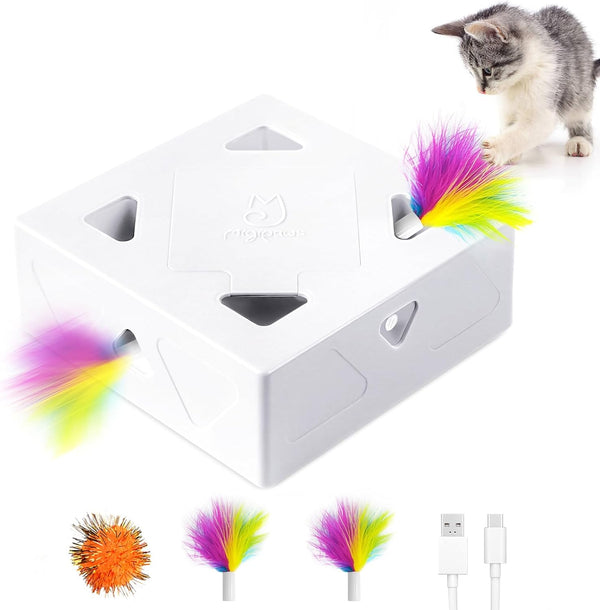 Interactive Cat Toys -Migibox for Indoor Bored Cats, Automatic Pop Out Feathers from 7 Holes Randomly, Motion Activated, USB Rechargeable (Purple Skin)9