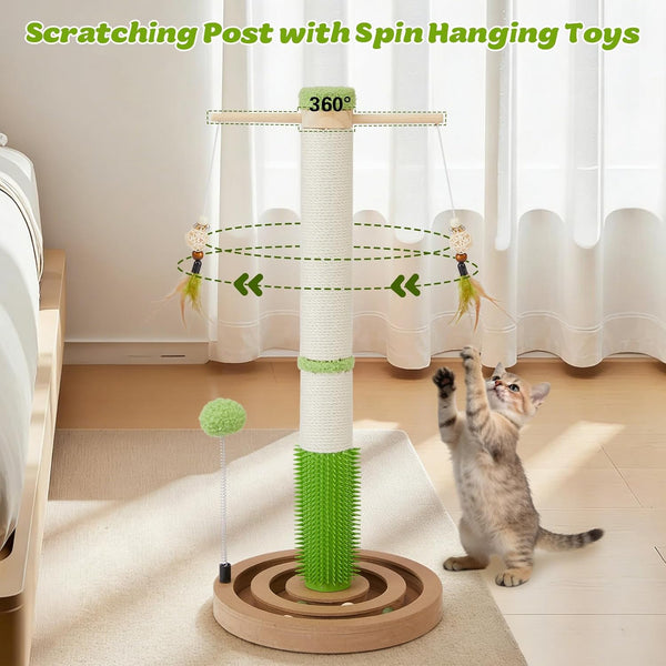 Cat Scratching Post, 26" Tall Scratch Post with Hanging Toy for Indoor Cats | Sisal Cat Scratcher Post with Grooming Brush, Double-Layer Interactive Wooden Ball Track, for Small Cats and Kittens Play5