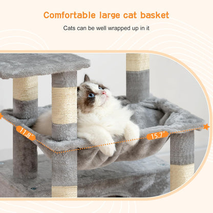 Heybly Cat Tree, Kitten Tower with Large Soft Cat Basket,Cat Condo with Spacious Cat Bed Cave with Hidden Space，Sisal-Covered Scratching Posts,Dangling Ball for Indoor Cats, Light Gray HCT008SW5