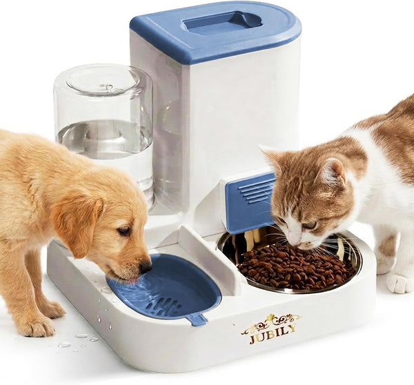 Automatic Cat Feeder & Water Dispenser – Gravity Cat Feeding Station with Stainless Steel Bowl, 2.2L Food & 1L Water Capacity, Automatic Pet Feeder for Cats & Small Dogs (Blue)1