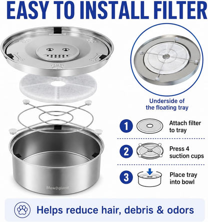 Dog Water Bowl No Spill, 3L/101Oz Stainless Steel Slow Feeder Dog Bowl with Floating Disk, Spill Proof Dog Water Bowl Dispenser for Messy Drinkers, anti Splash Large Dog Bowl with Filter5