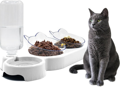 Triple Cat Bowls,15°Tilt 3-In-1 Water Feeder Bowls Cat Double Food Bowls with Automatic Water Bottle Bowl, Whisker Friendly Wet and Dry Cat Elevated Feeding Dishes for Small Cat and Puppy (Pink)12