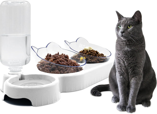 Triple Cat Bowls,15°Tilt 3-In-1 Water Feeder Bowls Cat Double Food Bowls with Automatic Water Bottle Bowl, Whisker Friendly Wet and Dry Cat Elevated Feeding Dishes for Small Cat and Puppy (Pink)12