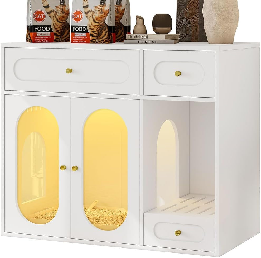 hidden-cat-litter-box-enclosure-furniture-with-led-light-modern-litter-box-cabinet-with-drawers-acrylic-door-multi-entry-cat-house-sideboard-for-living-room-37-4w-x-15-6d-x-31-5h-white