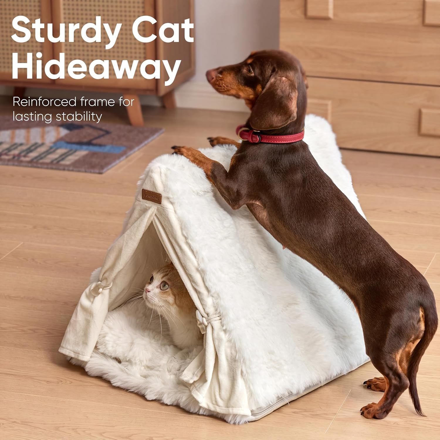 fukumaru-cat-cave-bed-sturdy-frame-washable-cat-tent-bed-with-curtain-semi-enclosed-cat-hideaway-for-anxious-cats-large-cozy-cat-house-for-indoor-cats-soft-plush-covered-dog-bed-cream