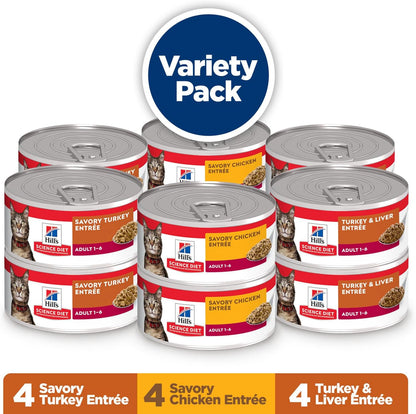 Hill'S Science Diet Adult 1-6 Wet Cat Food Variety Pack | #1 Veterinarian Recommended, Savory Entrée Turkey & Liver, Chicken, and Turkey, 5.5 Oz. Cans, 12-Pack3