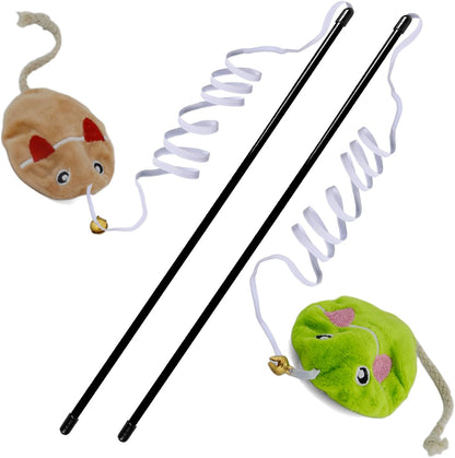 Interactive Cat Toy Wand with Catnip Mouse, Cat Teaser Wand Rainbow String for Bored Indoor Adult Cats and Kittens (2 Pack Mouse)1