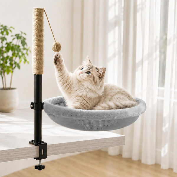 Cat Desk Bed with Scratching Post Clamp on 360 Rotating Camel | Adjustable Height, Reversible Machine Washable Cover, Alloy Steel Frame, Space Saving Perch, Supports Cats up to 45 Pounds10