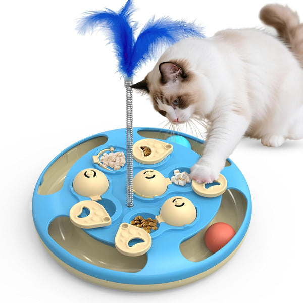 3 in 1 Cat Treat Puzzle Feeder, Level 3 Interactive Cat Puzzle Toy with Track Balls, Feather Teaser & Slow Feeder Insert, Non-Slip Base, Mental Stimulation for Bored Indoor Cats, Blue1