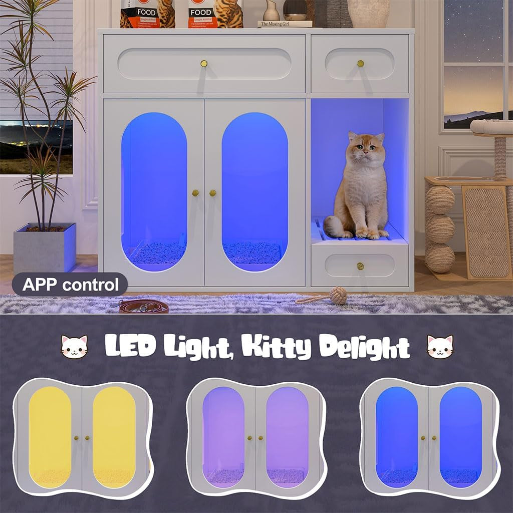 hidden-cat-litter-box-enclosure-furniture-with-led-light-modern-litter-box-cabinet-with-drawers-acrylic-door-multi-entry-cat-house-sideboard-for-living-room-37-4w-x-15-6d-x-31-5h-white