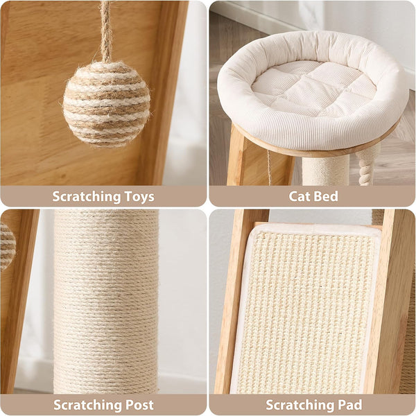 Modern Cat Tree Small Tower with Scratching Post for Indoor, 28 Inch Solid Wood Multifunctional Corner Cat Tree Tower with Bed, Dangling Ball,Interactive Rope, Scratching Board9