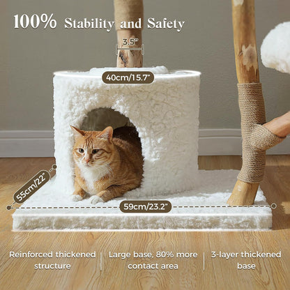 PAWZ Road 59" Modern Cat Tree, Natural Wood Cat Tower for Large Cats White | Wicker Basket Bed&2 Flower Perches for Multi-Cat, Cat Tree Tower with Large Condo&Hammock, Solid Wood Cat Tree House3