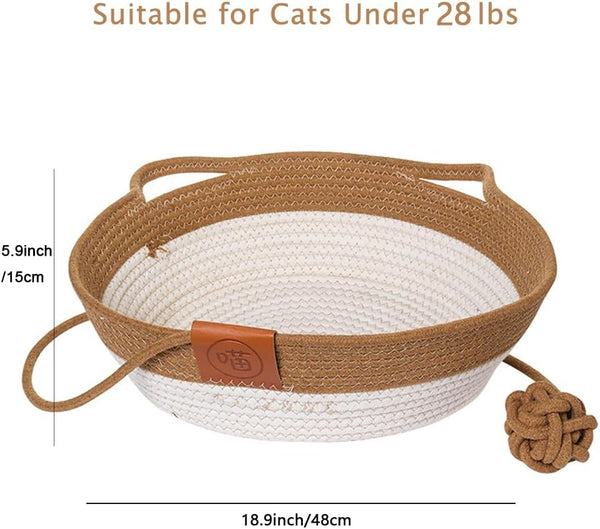 Handwoven Cotton Rope Cat Bed - Breathable & Easy to Clean, Foldable Scratchable Hammock with Cat Ear Design, with a Playing Ball for Kittens - Large Brown5