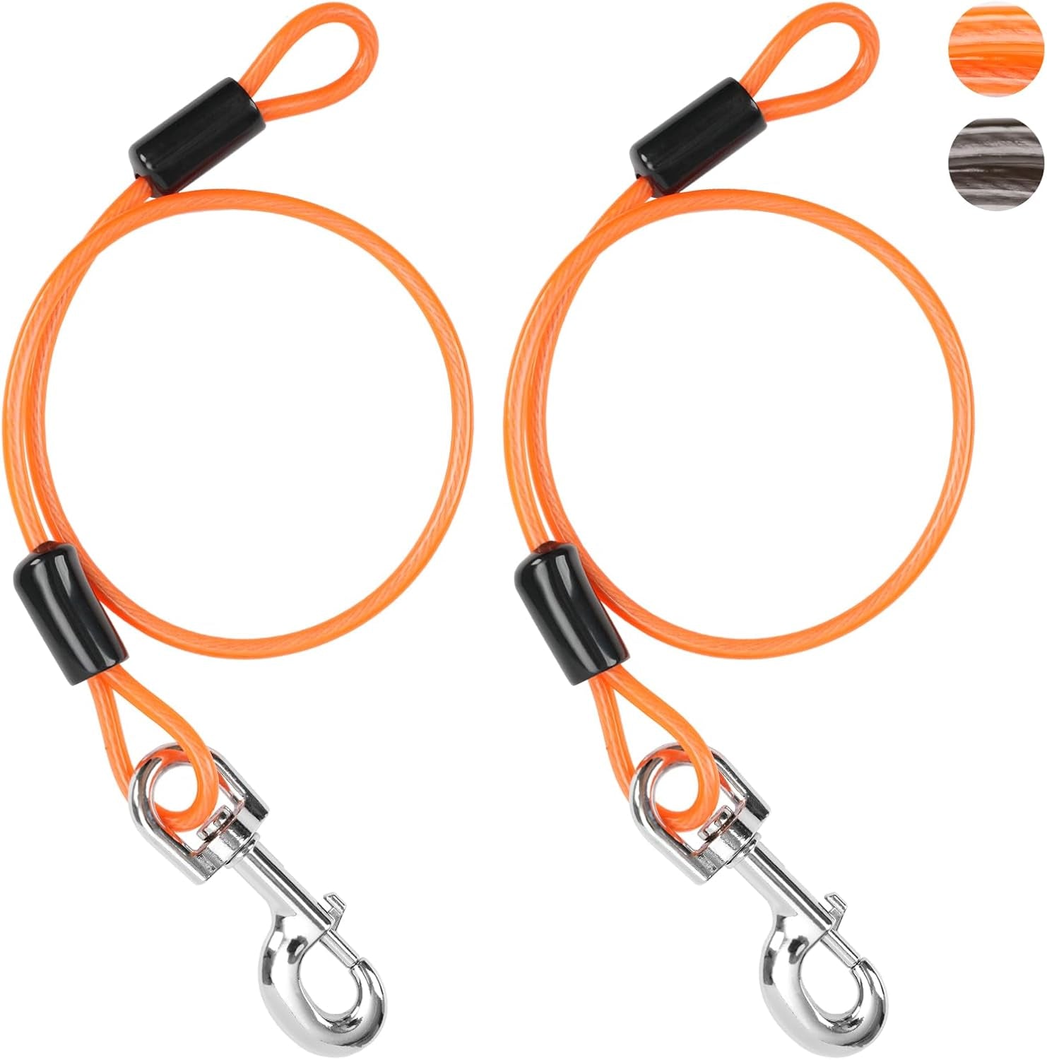 chew-resistant-dog-leash-extender-24in-2pack-black-5mm-steel-wire-360-swivel-clips-extra-reach-pair-both-for-two-dogs
