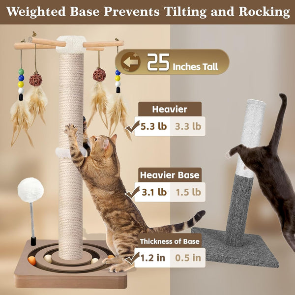 PAROTO Cat Scratching Post, Sisal Cat Tree Tower Scratcher for Indoor Cats Adults with Interactive Toys, Double Ball Track, 2 Mounting Methods, 25 Inches2