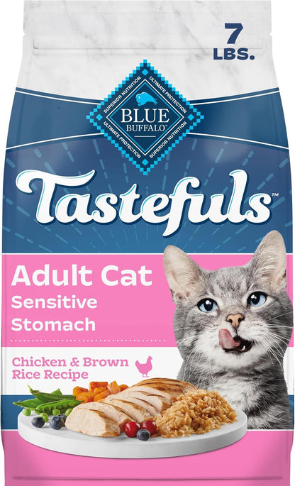 Blue Buffalo Tastefuls Chicken & Brown Rice Recipe Sensitive Stomach Adult Dry Cat Food, Real Chicken First, Deliciously Healthy Natural Cat Food, Natural Ingredients, Supports Digestion, 7-Lb Bag1