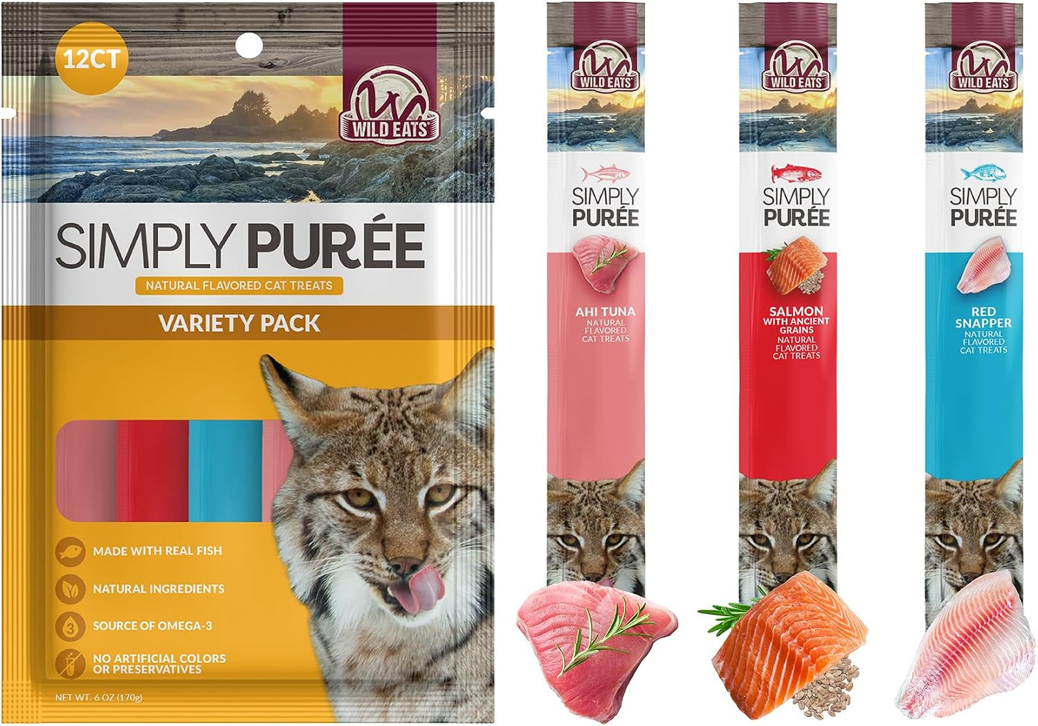 wild-eats-simply-puree-variety-pack-cat-treats-tub-48-servings-grain-free-all-natural-high-protein-recipe-no-artificial-additives-smooth-lickable-texture-easy-individual-portions-for-happy-felines