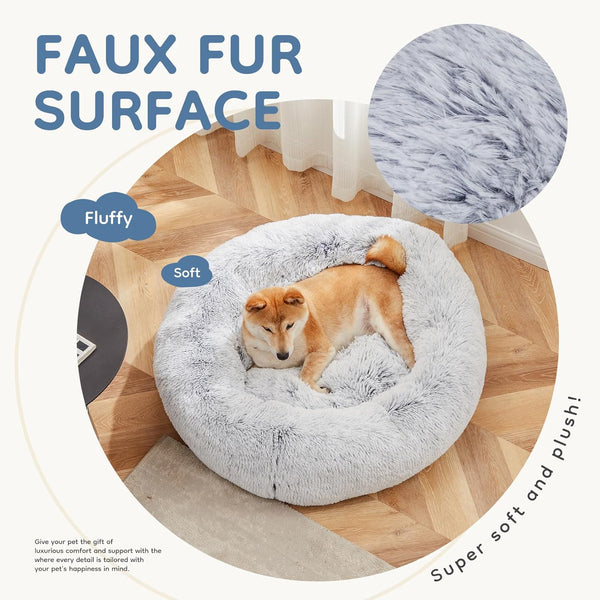 DUMOS 30.7 Inch Donut Dog Bed, Faux Fur Plush, Grey | Machine Washable Cuddler Warming Cozy Fluffy Faux Fur Plush round Pet Bed, Anti-Slip Bed for Indoor Dogs and Cats3