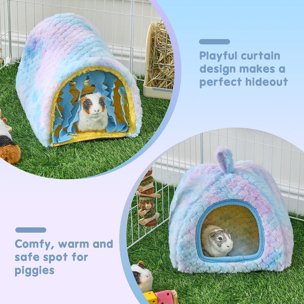 Avont 2-Pack Guinea Pig Tunnel & Hideout Bed Set | Washable Hideout & Tunnel Set, Breathable Fleece, Dual Entrances, Removable Pad, Blue or Yellow4