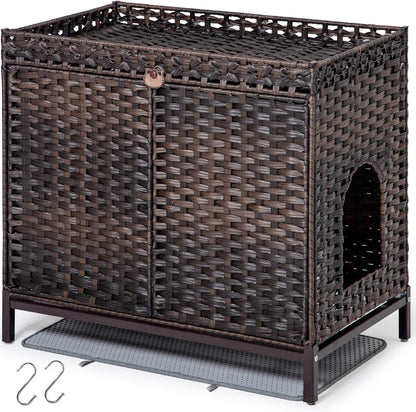 SETVSON Cat Litter Box Enclosure Furniture, Rattan PE Kitty House, Natural | Handwoven PE Rattan with 2 Soft Mats, Heightened Metal Feet, 2 S-Hooks, 30.3 X 18.3 X 28 in Spacious Interior Kitty Cabinet7