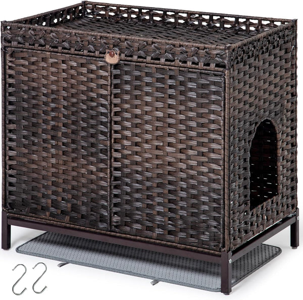 SETVSON Cat Litter Box Enclosure Furniture, Rattan PE Kitty House, Natural | Handwoven PE Rattan with 2 Soft Mats, Heightened Metal Feet, 2 S-Hooks, 30.3 X 18.3 X 28 in Spacious Interior Kitty Cabinet7