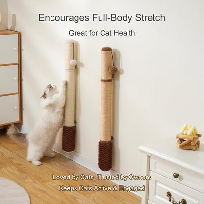 Wall Mounted Cat Scratcher, 34” Extra-Tall Vertical Sisal Scratching Post for Large Cats, Space-Saving Wall Cat Scratcher with Self Grooming Brush & Hanging Ball, Beige4