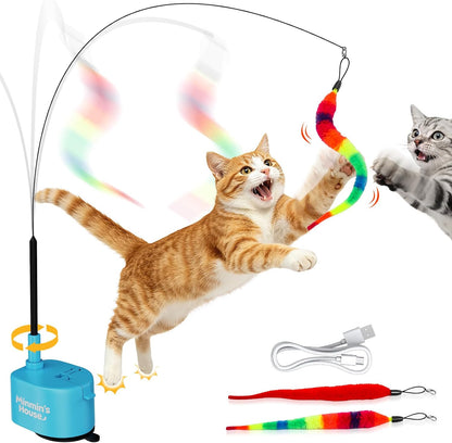Interactive Cat Toys for Indoor Cats, 360° Flying Automatic Cat Toy, Blue | Rechargeable, Strong Suction Base, Self-Play & Handheld, Electric Spin Game Enrichment Toy, Long Kitty Wand for Bored Cats1